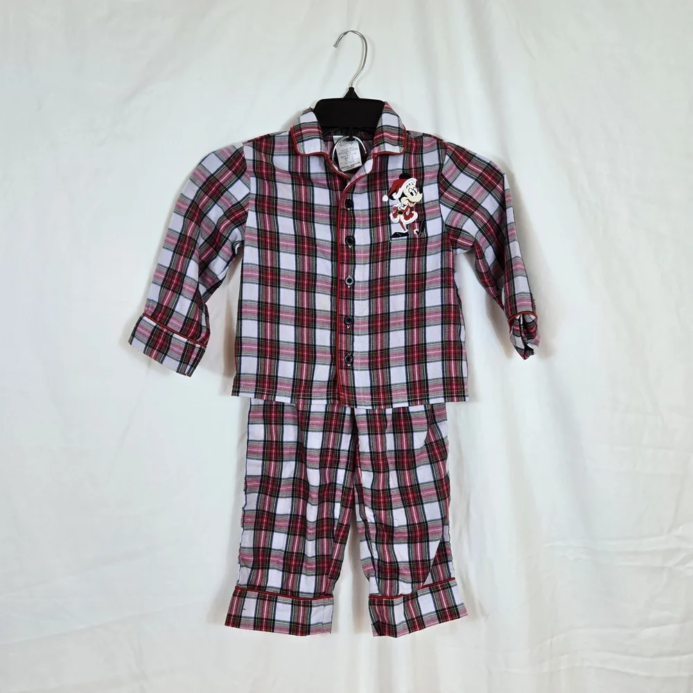 Disney Store Boys Red White Mickey‎ Mouse Holiday Plaid Flannel Pajama Set Sz 3